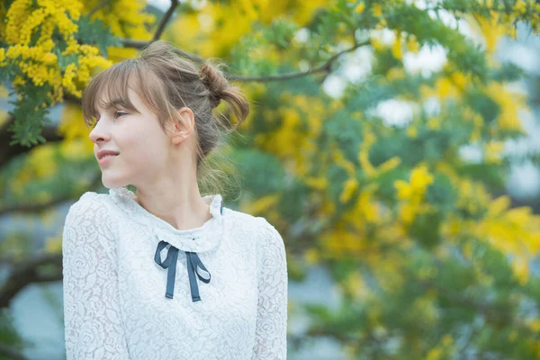 Beyaz tenli genç bir kadın çiçek açan mimoza çiçeklerine bakıyor.