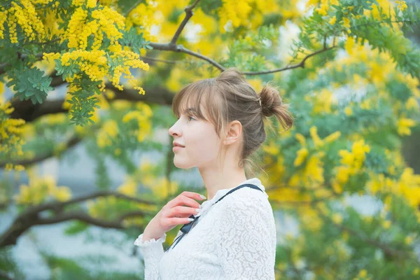 Kaukasische Junge Frau Blickt Auf Die Blühenden Mimosen Blumen — Stockfoto