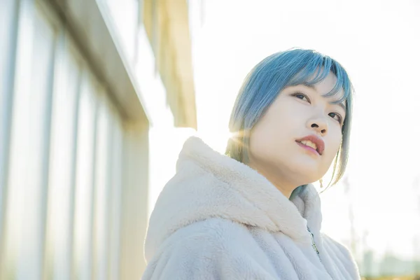 Young Asian Woman Blue Hair Shibuya Tokyo Japan — Stock Photo, Image