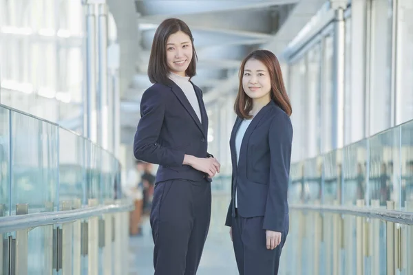 Team Two Asian Business Women Standing Side Side Smile — Stock Photo, Image