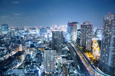 Japon şehrinin gece manzarasına bakan bir manzara fotoğrafı.