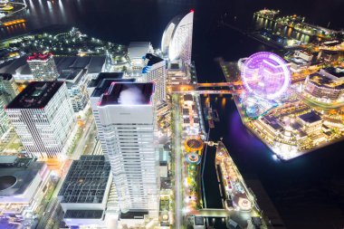 Japon şehrinin gece manzarasına bakan bir manzara fotoğrafı.