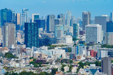 Tokyo, Japonya 'da güneşli bir günde şehir manzarası ve mavi gökyüzü