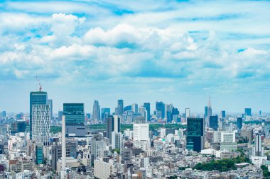 Tokyo, Japonya 'da güneşli bir günde şehir manzarası ve mavi gökyüzü
