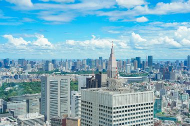 Tokyo, Japonya 'da güneşli bir günde şehir manzarası ve mavi gökyüzü