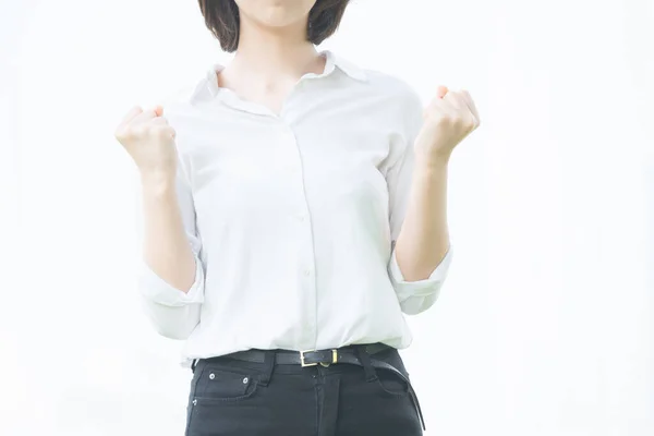 Asiática Joven Mujer Cogida Mano Haciendo Una Pose Tripas — Foto de Stock