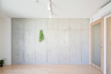 Mobilyası olmayan yeni yapılmış bir dairede ev ve duvar.