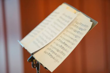 Müzik enstrümanı çalmak için müzik notalarının yakın plan fotoğrafı                     