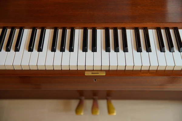 Regardant Clavier Piano Avec Des Yeux Assis Jouant — Photo