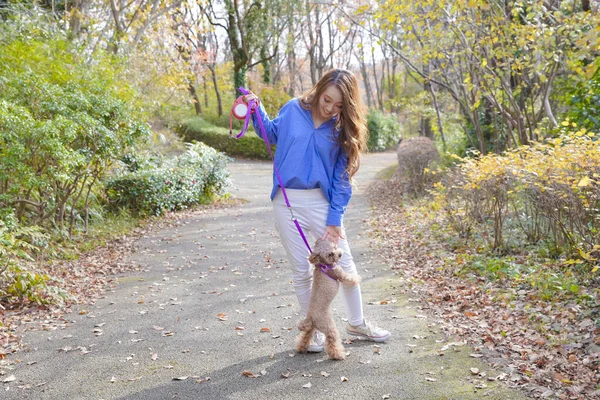 Jovem Mulher Asiática Andando Parque Com Seu Animal Estimação — Fotografia de Stock