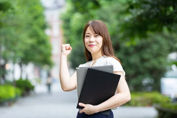 Asian Japanese Female Office Worker Posing Strongly One Hand — Stock Photo, Image