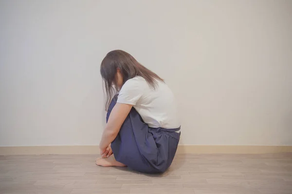 Asian Young Woman Depressed Lowered Hide Her Face Her Hair — Stock Photo, Image