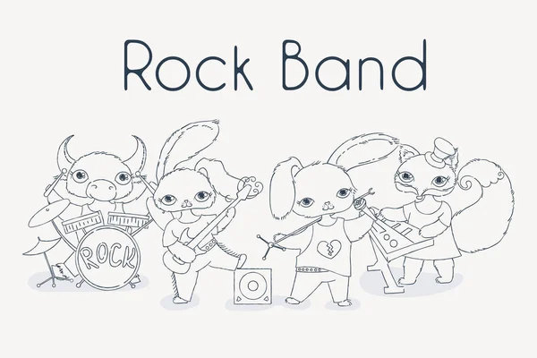 Banda de rock de animales funky. Lindos niños ilustración de música . — Vector de stock