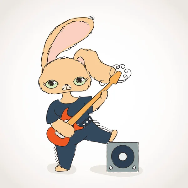 Coelho com guitarra elétrica. Ilustração da música rock vetorial . — Vetor de Stock