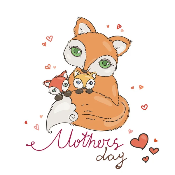 Tarjeta de felicitación del Día de la Madre con zorro de dibujos animados . — Vector de stock