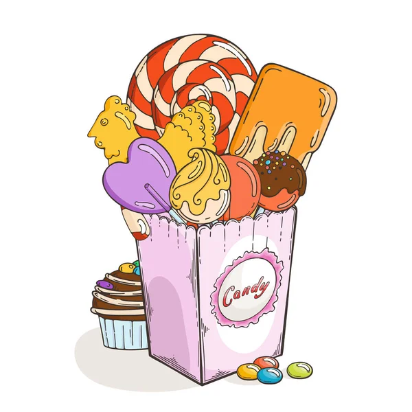 Süßigkeiten und Bonbons in Pappschachtel — Stockvektor