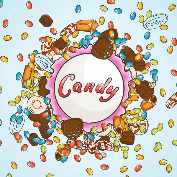 Etiqueta tienda de dulces. Remolino de caramelos, chocolate, piruleta, caramelo, crema . — Vector de stock