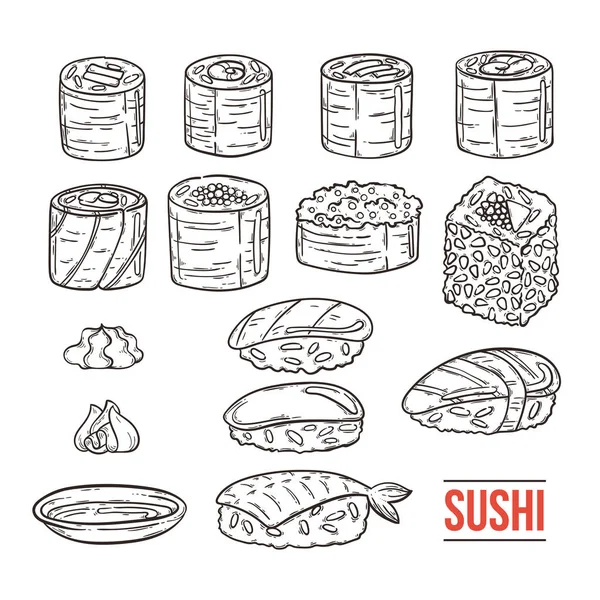 डूडल जापानी सुशी और रोल — स्टॉक वेक्टर