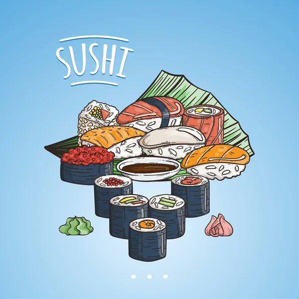 Doodle japanese sushi and rolls — Stock Vector