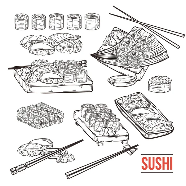 Doodle sushi japonés y rollos — Vector de stock
