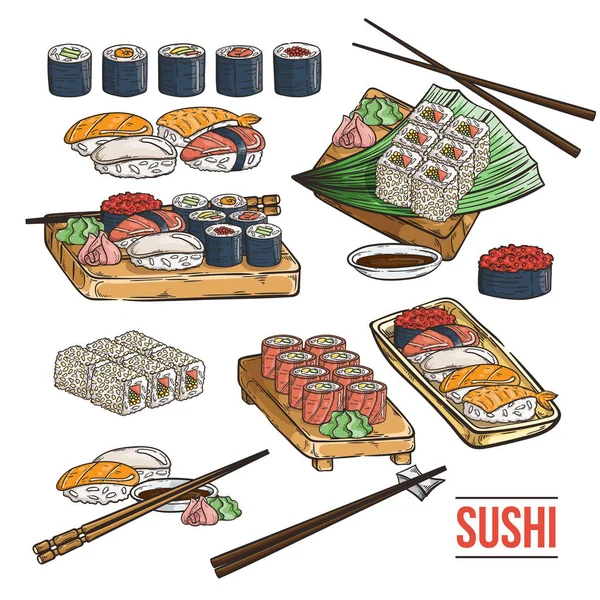 Doodle giapponese sushi e rotoli — Vettoriale Stock