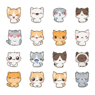 Sevimli çizgi kedi ve köpeklerin farklı duygular ile. Çıkartma koleksiyonu.