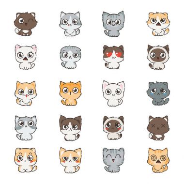 Sevimli çizgi kedi ve köpeklerin farklı duygular ile. Çıkartma koleksiyonu.