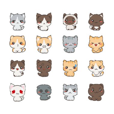 Sevimli çizgi kedi ve köpeklerin farklı duygular ile. Çıkartma koleksiyonu.