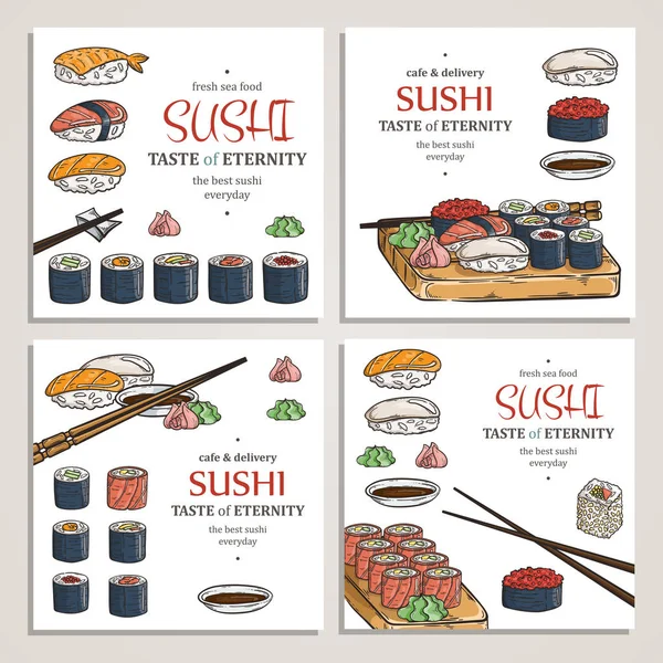 Doodle sushi dan gulungan di kayu. Ilustrasi masakan tradisional Jepang . - Stok Vektor