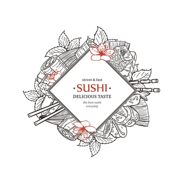 Doodle sushi ristorante e consegna modello di design. Composizione alimentare asiatica . — Vettoriale Stock