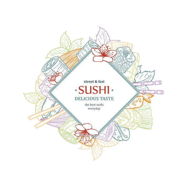 Doodle sushi ristorante e consegna modello di design. Composizione alimentare asiatica . — Vettoriale Stock