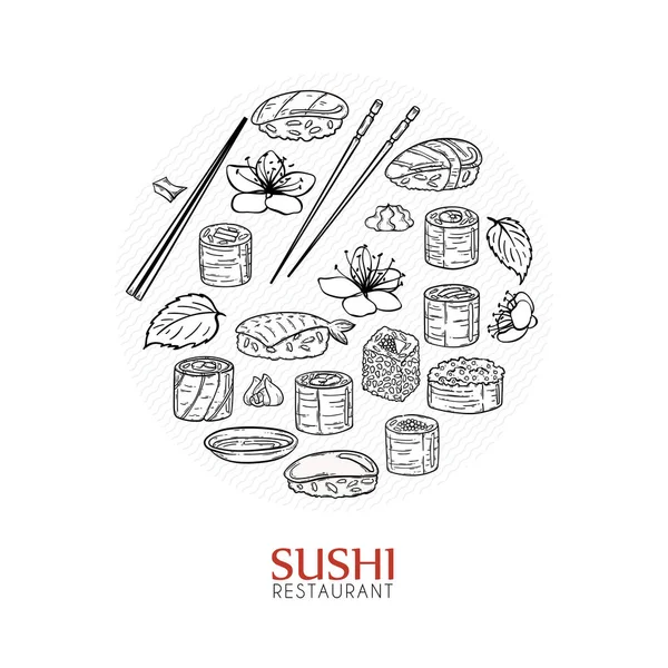 Doodle sushi restaurace a rozvoz šablona návrhu. Asijské potraviny složení. — Stockový vektor