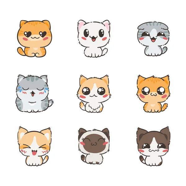 Schattige cartoon katten en honden met verschillende emoties. Sticker collectie. — Stockvector