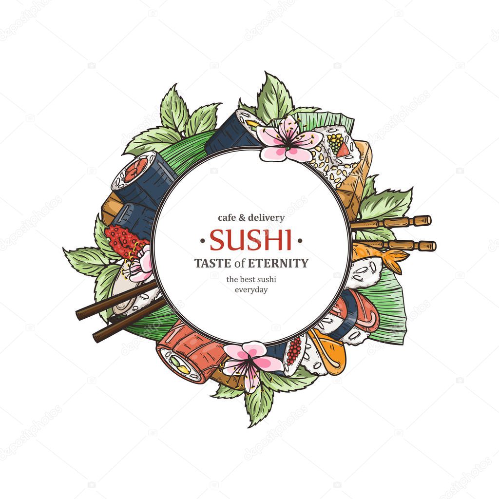 Doodle sushi restaurant and delivery design template. Asian food composition. Vector illustration