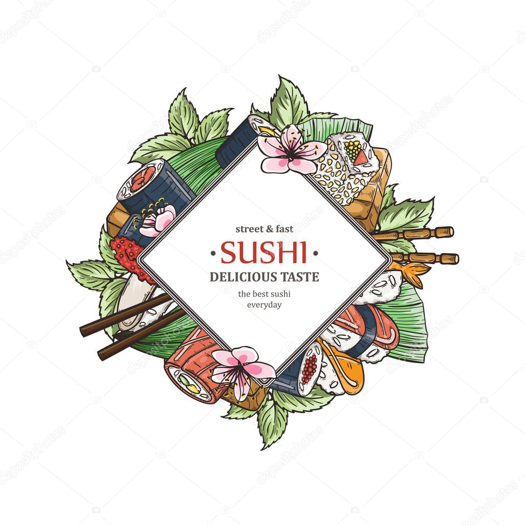 Doodle sushi restaurant and delivery design template. Asian food composition. Vector illustration