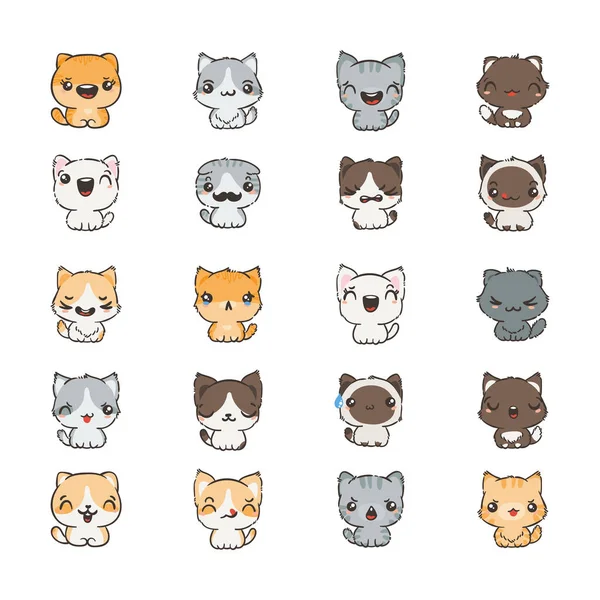 Chats de dessin animé mignons et chiens avec des émotions différentes. Collection d'autocollants . — Image vectorielle