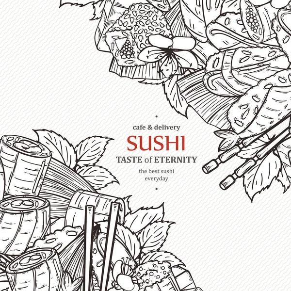 Modello di design del menu del ristorante sushi Doodle. Incisione cornice cibo asiatico . — Vettoriale Stock