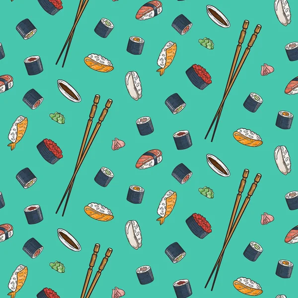 Patrón sin costura vectorial con sushi de garabato. Grabar comida asiática . — Vector de stock