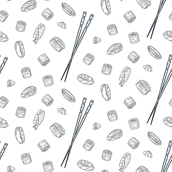Vektor varrat nélküli mintát doodle sushi. Ázsiai élelmiszer gravír. — Stock Vector