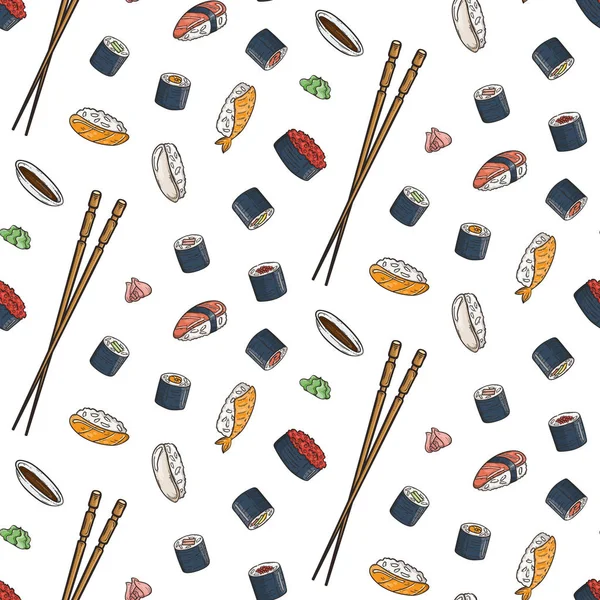 Vektor varrat nélküli mintát doodle sushi. Ázsiai élelmiszer gravír. — Stock Vector
