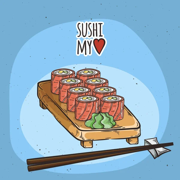 Doodle sushi y rollos de madera. Cocina tradicional japonesa platos ilustración . — Vector de stock