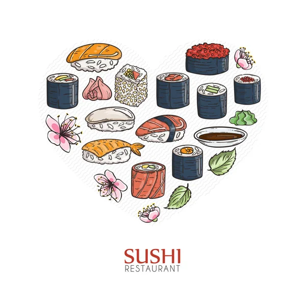Herzhintergrund mit Sushi und Brötchen. Illustration traditioneller japanischer Küche. — Stockvektor