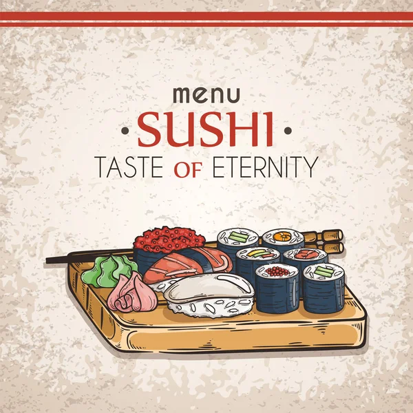 Doodle sushi i bułki na drewno. Ilustracja dania tradycyjnej kuchni japońskiej. — Wektor stockowy