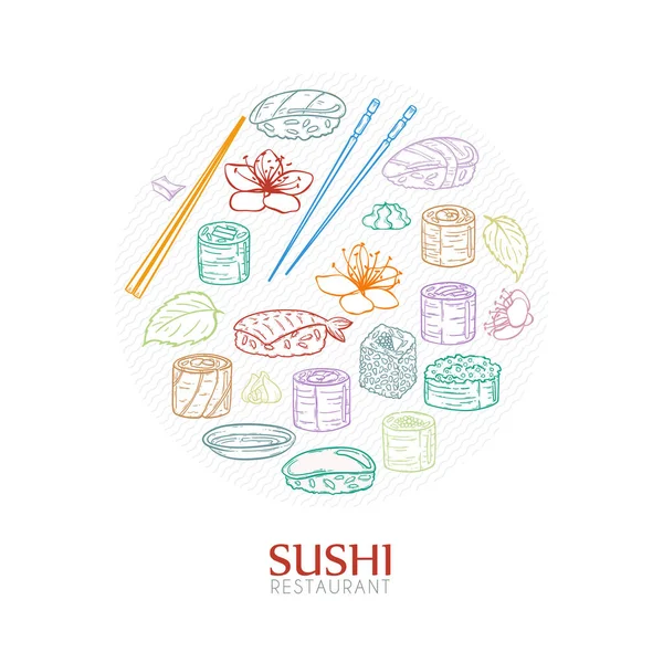 Doodle sushi restoran dan templat desain pengiriman. Komposisi makanan Asia . - Stok Vektor