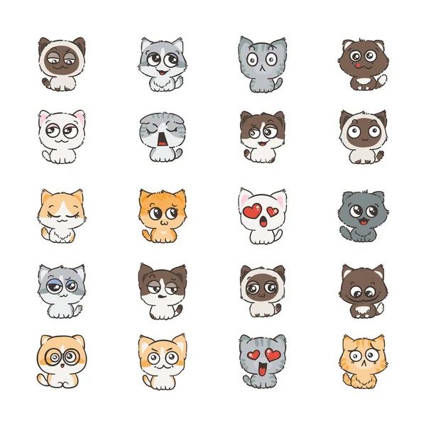 Schattige cartoon katten en honden met verschillende emoties. Sticker collectie. — Stockvector