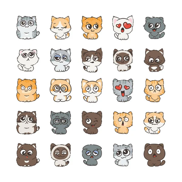 Schattige cartoon katten en honden met verschillende emoties. Sticker collectie. — Stockvector