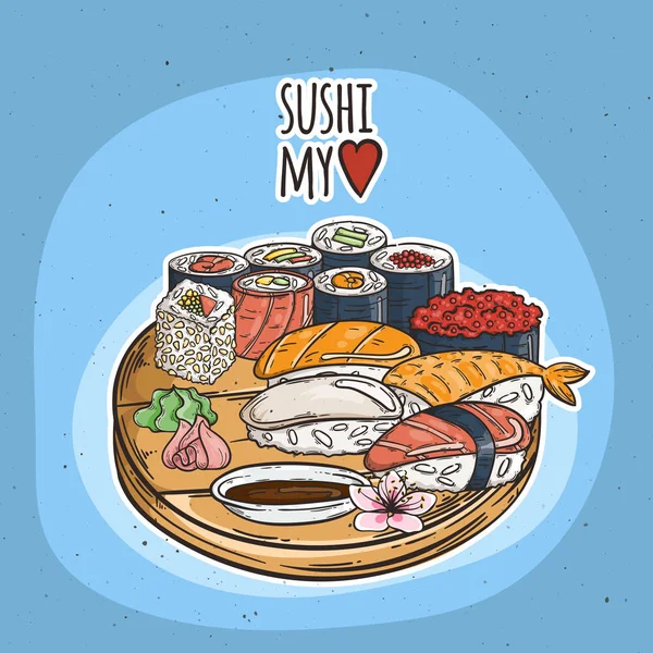 Doodle sushi dan gulungan di kayu. Ilustrasi masakan tradisional Jepang . - Stok Vektor