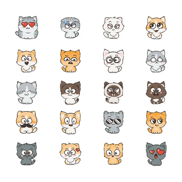 Schattige cartoon katten en honden met verschillende emoties. — Stockvector