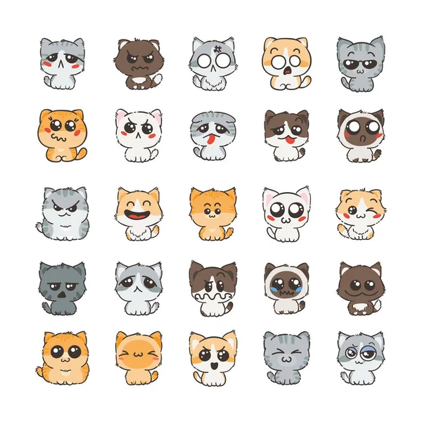 Söta tecknade katter och hundar med olika känslor. — Stock vektor