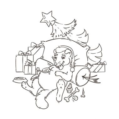 Gıda ve yastıklar çam, sarı köpek yeni yıl 2018, Astroloji, vektör, illüstrasyon şirin sembolü için yakınındaki yatan hediyeler ile şirin köpek yavrusu